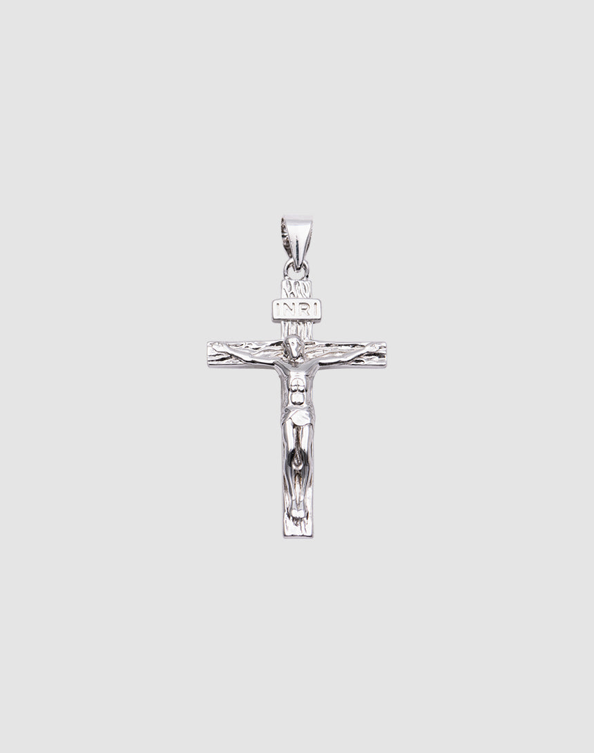 The LIVE FAST DIE YOUNG Cross Pendant is a silver crucifix featuring Jesus Christ on the cross with a small INRI sign, crafted from 925 Sterling Silver and shown against a plain light gray background.| plain 