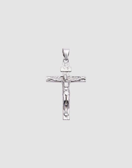 The LIVE FAST DIE YOUNG Cross Pendant is a silver crucifix featuring Jesus Christ on the cross with a small INRI sign, crafted from 925 Sterling Silver and shown against a plain light gray background.| plain 