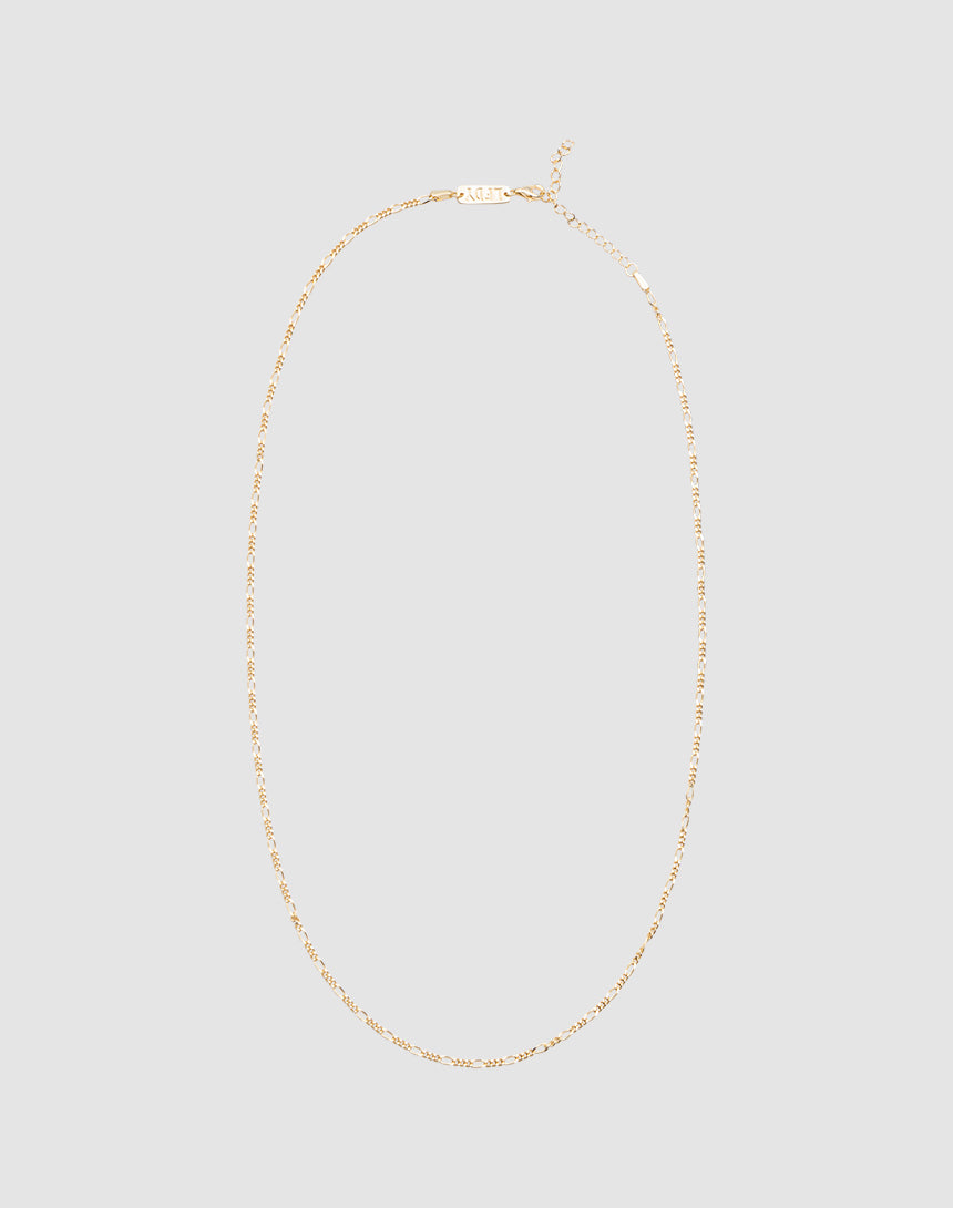 The LIVE FAST DIE YOUNG Basic Figaro Chain is a delicate 925 gold-plated necklace with an adjustable length and simple clasp, shown on a plain light gray background.| plain 
