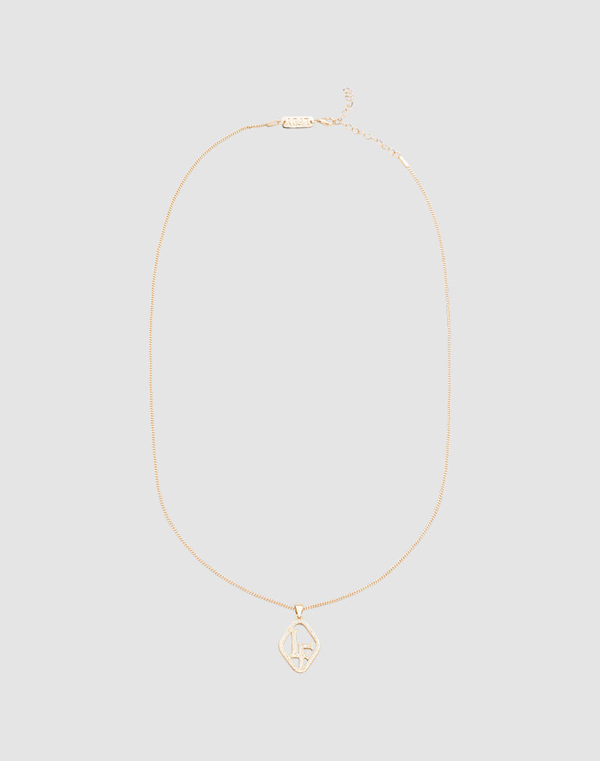 The LIVE FAST DIE YOUNG LF Chain features a fine Sterling Silber Kette with a diamond-shaped Zirkonia Anhänger and abstract center design, shown on a plain light gray background. 