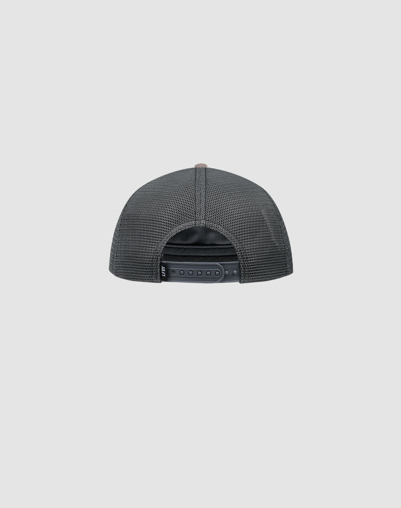 The LFDY Rivet Trucker by LIVE FAST DIE YOUNG is a black mesh trucker cap, shown from the back with an adjustable snapback closure and a subtle flag-label detail, set against a plain light gray background.