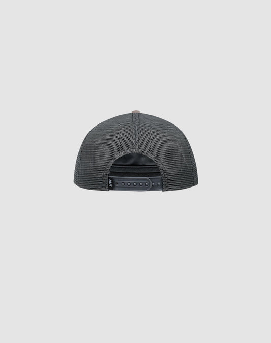 The LFDY Rivet Trucker by LIVE FAST DIE YOUNG is a black mesh trucker cap, shown from the back with an adjustable snapback closure and a subtle flag-label detail, set against a plain light gray background.
