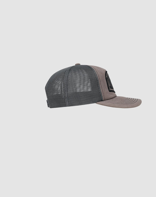 The LFDY Rivet Trucker by LIVE FAST DIE YOUNG is a gray and black cap with a curved brim, mesh back panels, and a solid front featuring a subtle Logo-Stick detail, shown in side profile on a plain light gray background.