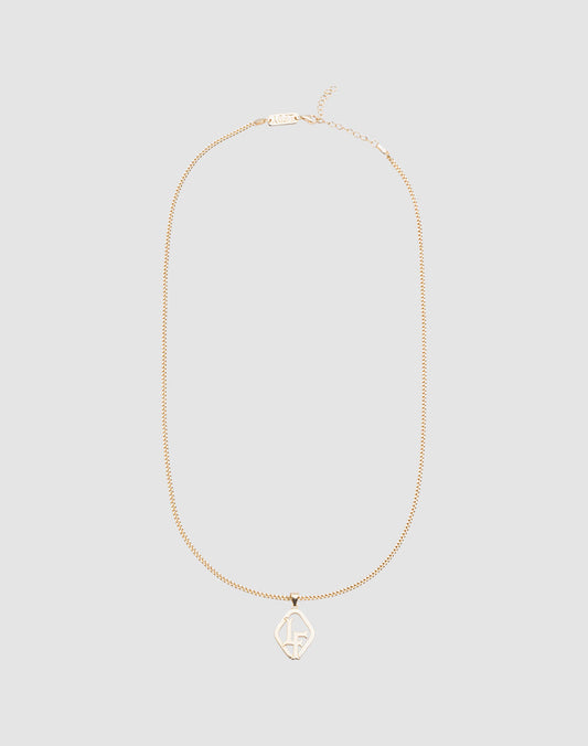 The LF Blank Chain by LIVE FAST DIE YOUNG features a fine 925 gold-plated sterling silver chain with an geometric LF pendant. Adjustable length. Shown on a plain light gray background.