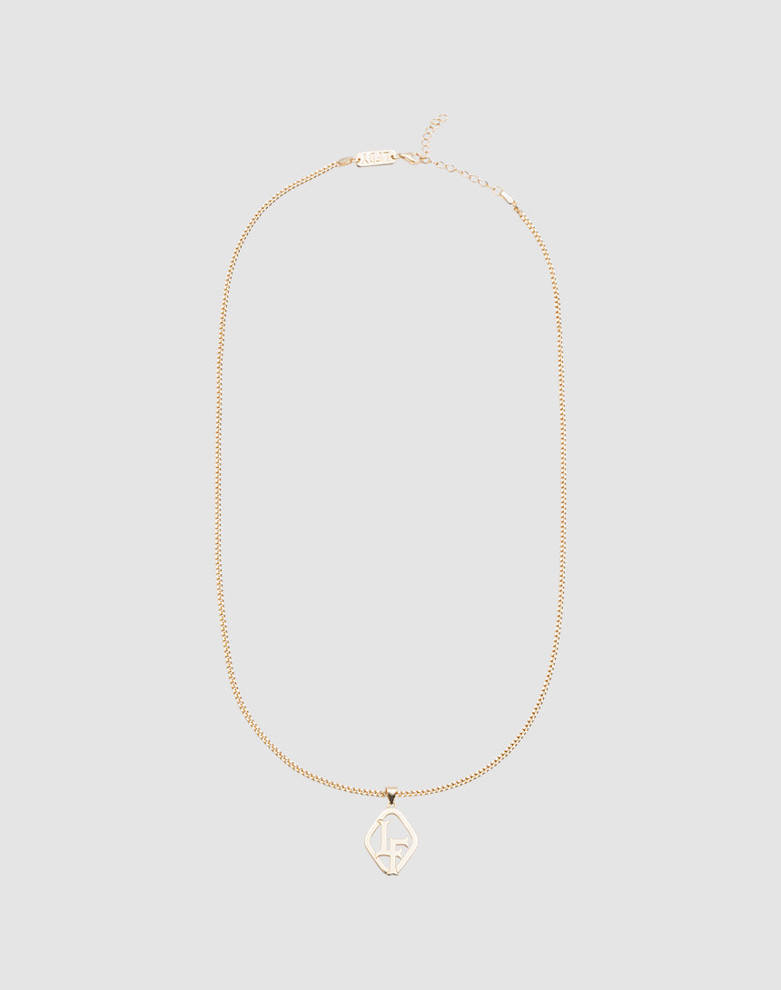 The LF Blank Chain by LIVE FAST DIE YOUNG features a fine 925 gold-plated sterling silver chain with an geometric LF pendant. Adjustable length. Shown on a plain light gray background.