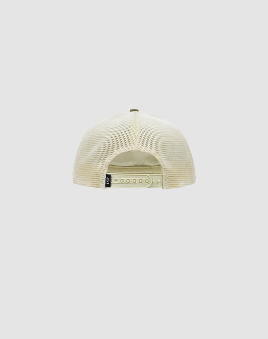 The LFDY Patched Trucker by LIVE FAST DIE YOUNG is shown from the back in beige mesh, with an adjustable Snapverschluss and a small black Logo-Stick tag on the left side. Background is plain light gray.