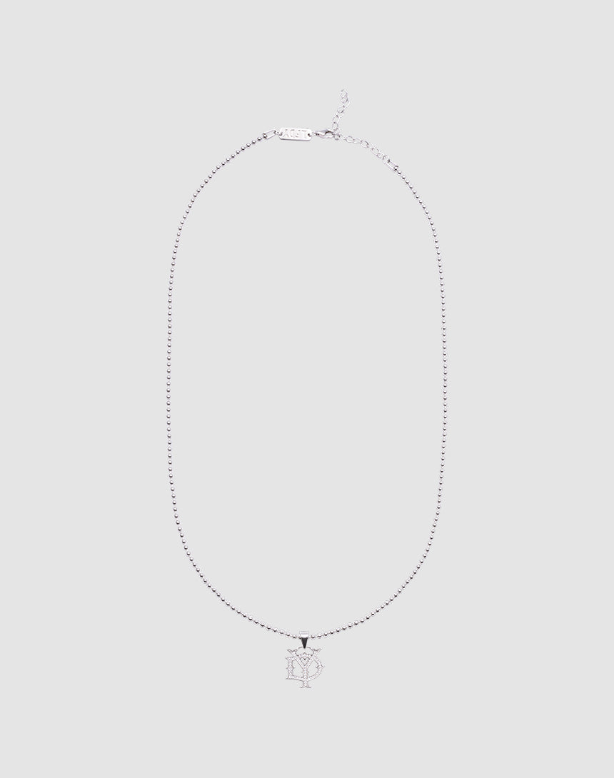 The DY Chain by LIVE FAST DIE YOUNG features a sterling silver necklace with an intricate overlapping E and V pendant, shown on a light gray background. Adjustable length ensures the perfect fit.| plain
