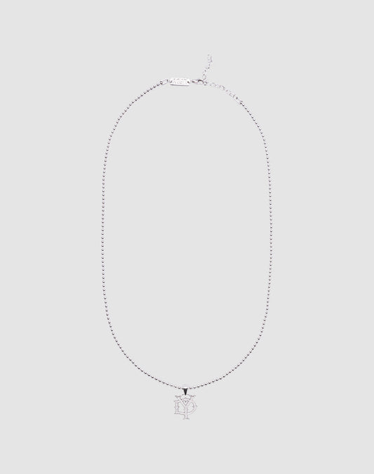 The DY Chain by LIVE FAST DIE YOUNG features a sterling silver necklace with an intricate overlapping E and V pendant, shown on a light gray background. Adjustable length ensures the perfect fit.