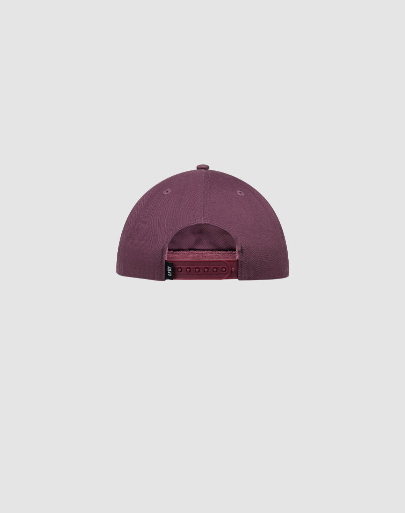 The DY Flames Snapback by LIVE FAST DIE YOUNG is a maroon cotton cap, shown from the back with an adjustable snapback and a small black tag on the left, centered against a plain light gray background.