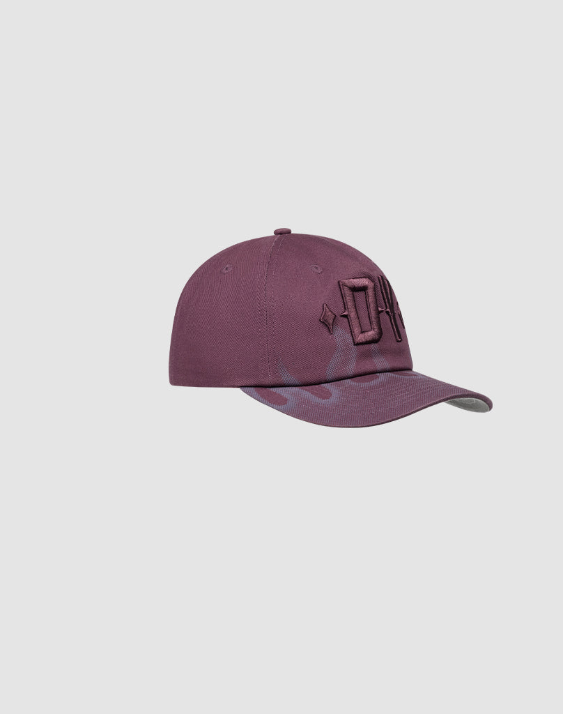 A maroon DY Flames Snapback by LIVE FAST DIE YOUNG, featuring raised embroidered logo letters on the front panel, set against a plain light gray background.