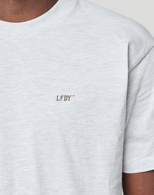 A close-up of a person wearing the LIVE FAST DIE YOUNG Basic Chest Tee in light gray, made from 100% Baumwolle, featuring small black LFDY™ embroidery on the chest. Only the lower face, neck, and shoulders are visible.