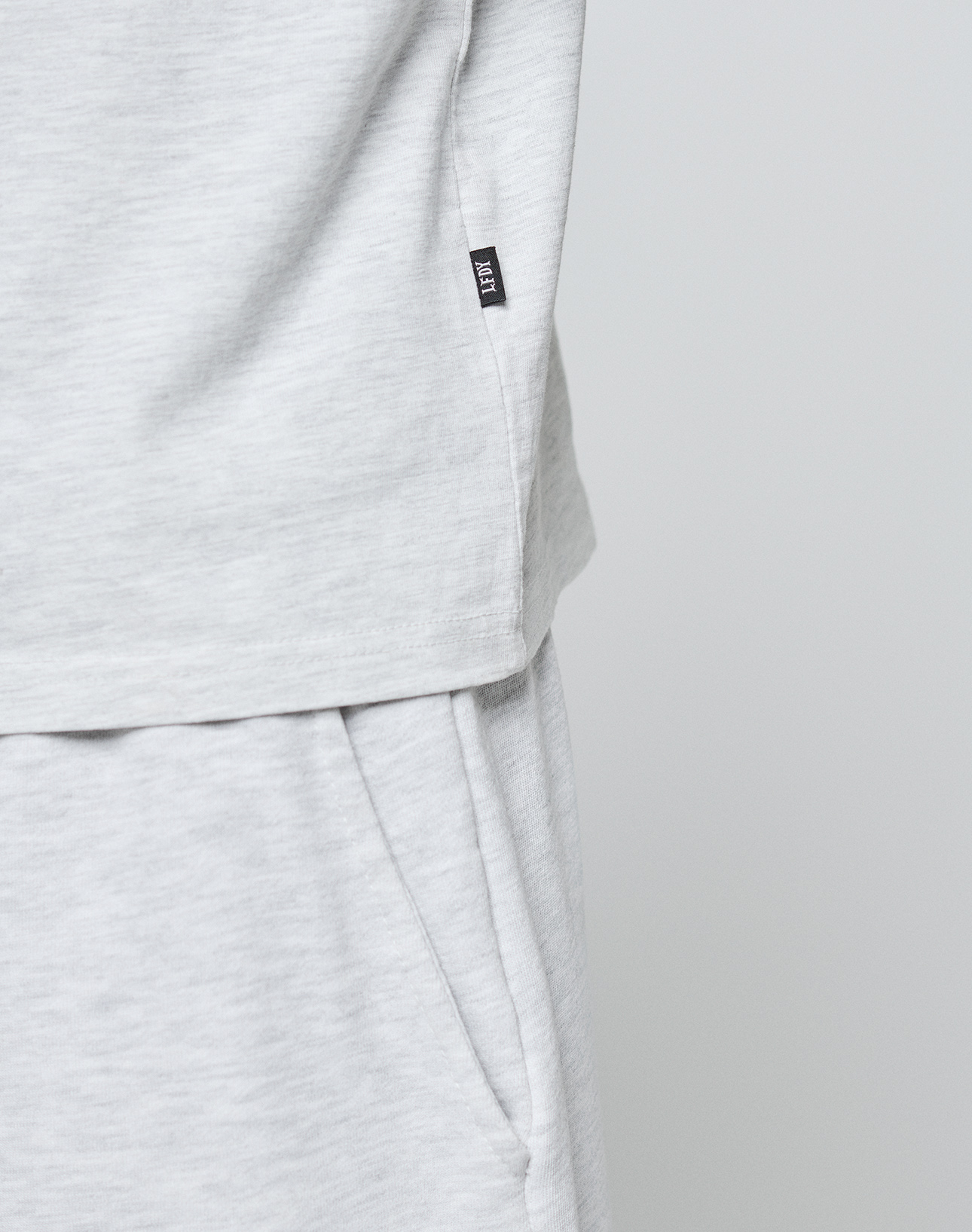 Close-up of a person wearing LIVE FAST DIE YOUNG’s Basic Chest Tee in light gray 100% Baumwolle. The regular fit tee features a soft texture and a small black tag sewn to the hem on the left side.