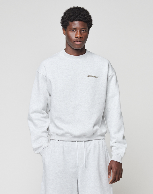 A man stands against a plain background, wearing the LIVE FAST DIE YOUNG Basic +49 Chest Sweater in an oversize fit, light gray cotton with a small left chest print, paired with matching sweatpants. He has short curly hair and a neutral expression.