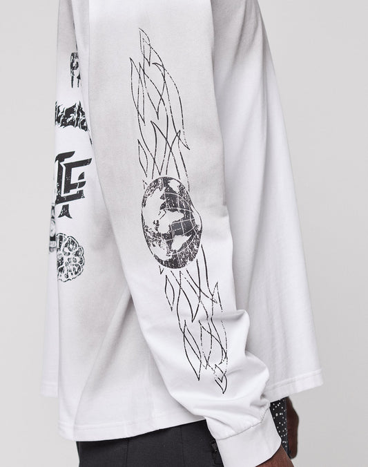 Someone wears the LFDY Logo Longsleeve by LIVE FAST DIE YOUNG, an oversized white shirt with black graphics on the chest and sleeve, including abstract earth and geometric designs. Made from 100% Baumwolle for comfort.