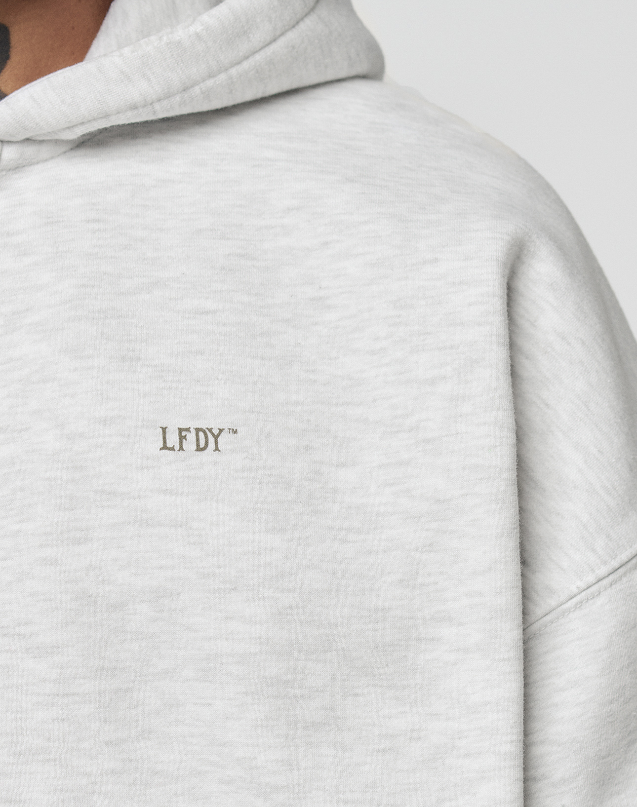 Close-up of a person wearing the LIVE FAST DIE YOUNG Basic Hooded Zip in light gray with subtle LFDY branding embroidered on the chest, showing part of the neck and shoulder.
