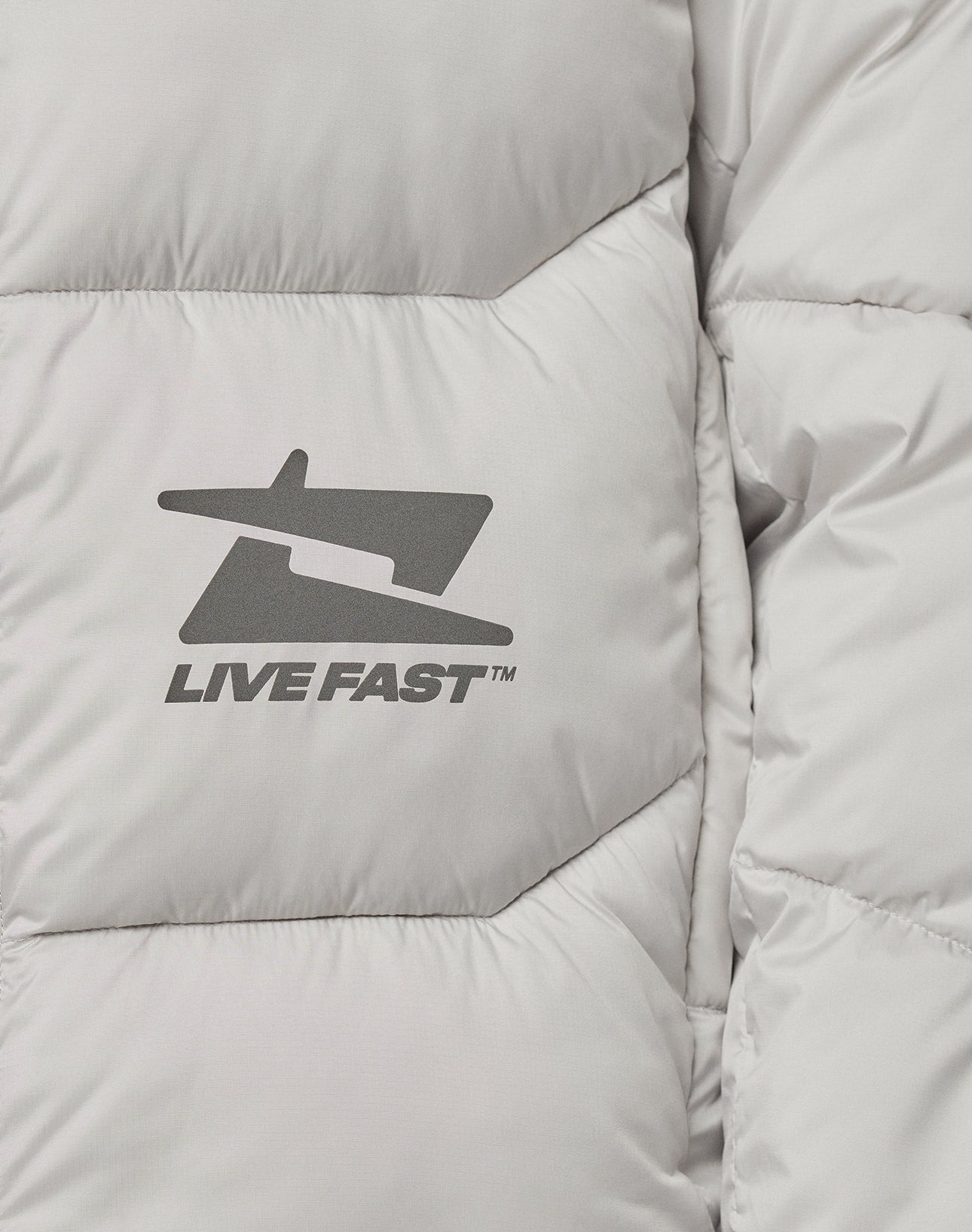 A person with braided hair wears the LIVE FAST DIE YOUNG Live Fast Puffer Jacket in light gray with an oversize fit, hood, reflektierender Print, and subtle sleeve and side graphics, standing in profile against a plain white background.