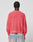 A person with braided hair faces away from the camera, wearing the LFDY Washed Knit Sweater by LIVE FAST DIE YOUNG in a pinkish-red oversize fit with faded text, paired with light blue jeans. Sweater is 100% Baumwolle. Plain light background.