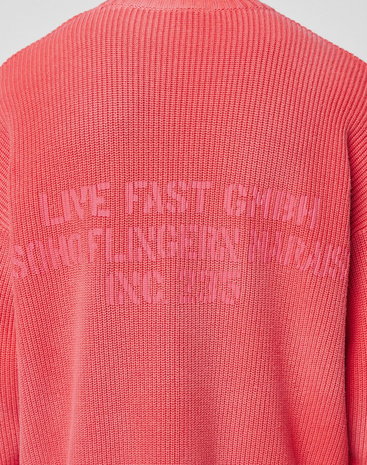 A close-up of the backprint on the pink LFDY Washed Knit Sweater by LIVE FAST DIE YOUNG, featuring faded "LIVE FAST SQUAD SLOWFINGER PARADISE INC 2015" text embroidered on 100% Baumwolle in an oversize fit.