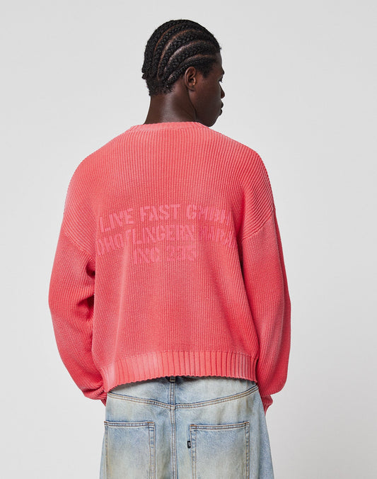 A person with braided hair wears the LFDY Washed Knit Sweater by LIVE FAST DIE YOUNG in coral-pink, featuring a subtle backprint and faint text, styled oversized. It’s 100% Baumwolle and paired with light blue, high-waisted jeans with visible back pockets.