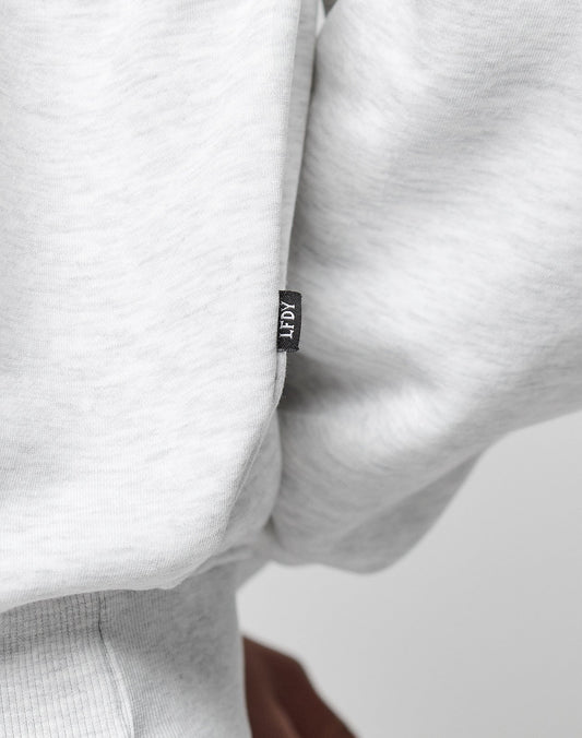 Close-up of the Live Fast College Hooded sweatshirt by LIVE FAST DIE YOUNG, featuring an oversized fit in light gray with a small black AFDY tag sewn into the seam, highlighting part of the sleeve and body.