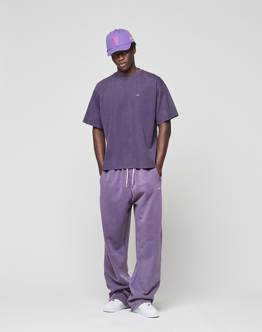 A person faces forward with hands in pockets, wearing the LIVE FAST DIE YOUNG Basic Evidence Tee in an oversize fit and matching sweatpants, paired with a purple baseball cap and white sneakers against a plain background.