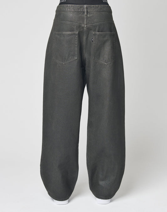 Back view of the LFDY Coated Baggy Denim by LIVE FAST DIE YOUNG—high-waisted, loose-fitting black jeans with a straight leg and large square back pockets, shown against a plain white background.
