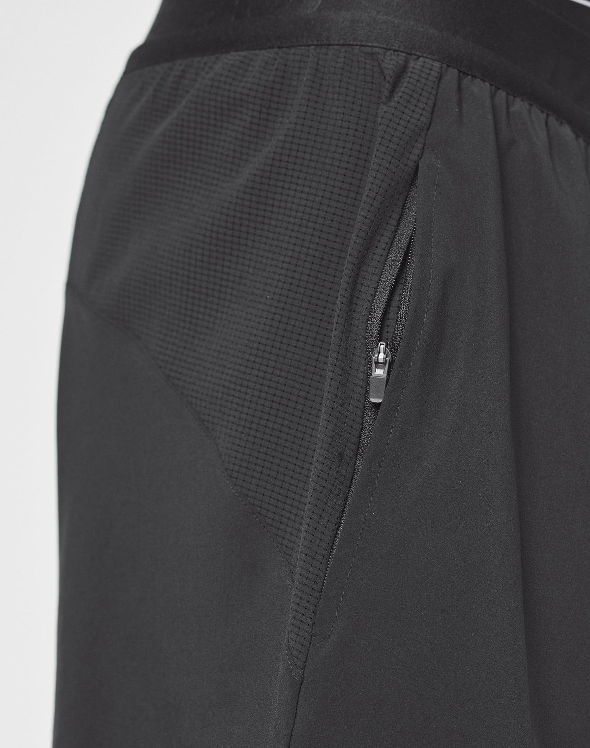 Close-up of Live Fast Performance Running Shorts by LIVE FAST DIE YOUNG, featuring a textured mesh panel, branded detailing, and a zippered side pocket with a small zipper pull.