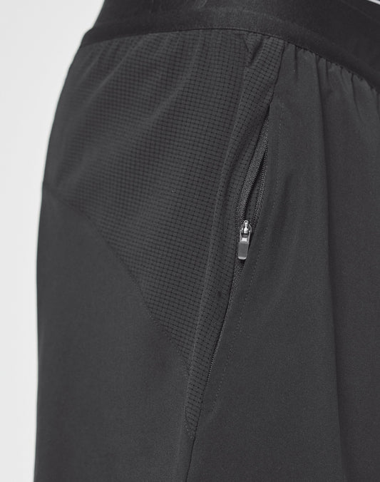Close-up of Live Fast Performance Running Shorts by LIVE FAST DIE YOUNG, featuring a textured mesh panel, branded detailing, and a zippered side pocket with a small zipper pull.