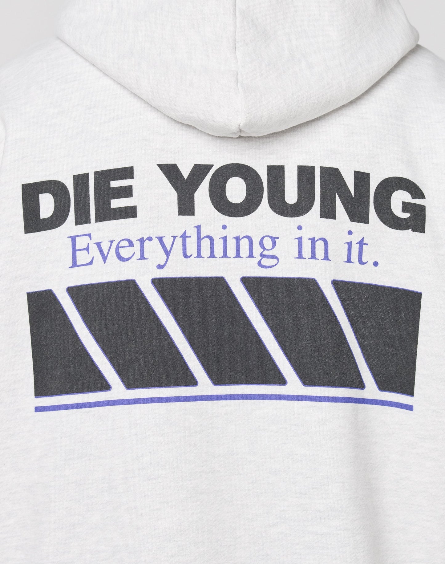 Back of the LFDY Racing Hooded by LIVE FAST DIE YOUNG in light gray, Oversize Fit, with bold black glossy DIE YOUNG text over blue Everything in it and five black diagonal bars outlined in blue. Made from a Baumwolle-Polyester blend.