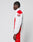 A person with braided hair stands in profile wearing the LFDY Trackjacket 3000 by LIVE FAST DIE YOUNG, a regular fit white and red tracksuit featuring bold DIE lettering on the sleeve and a branded zipper pull. The background is plain and light.