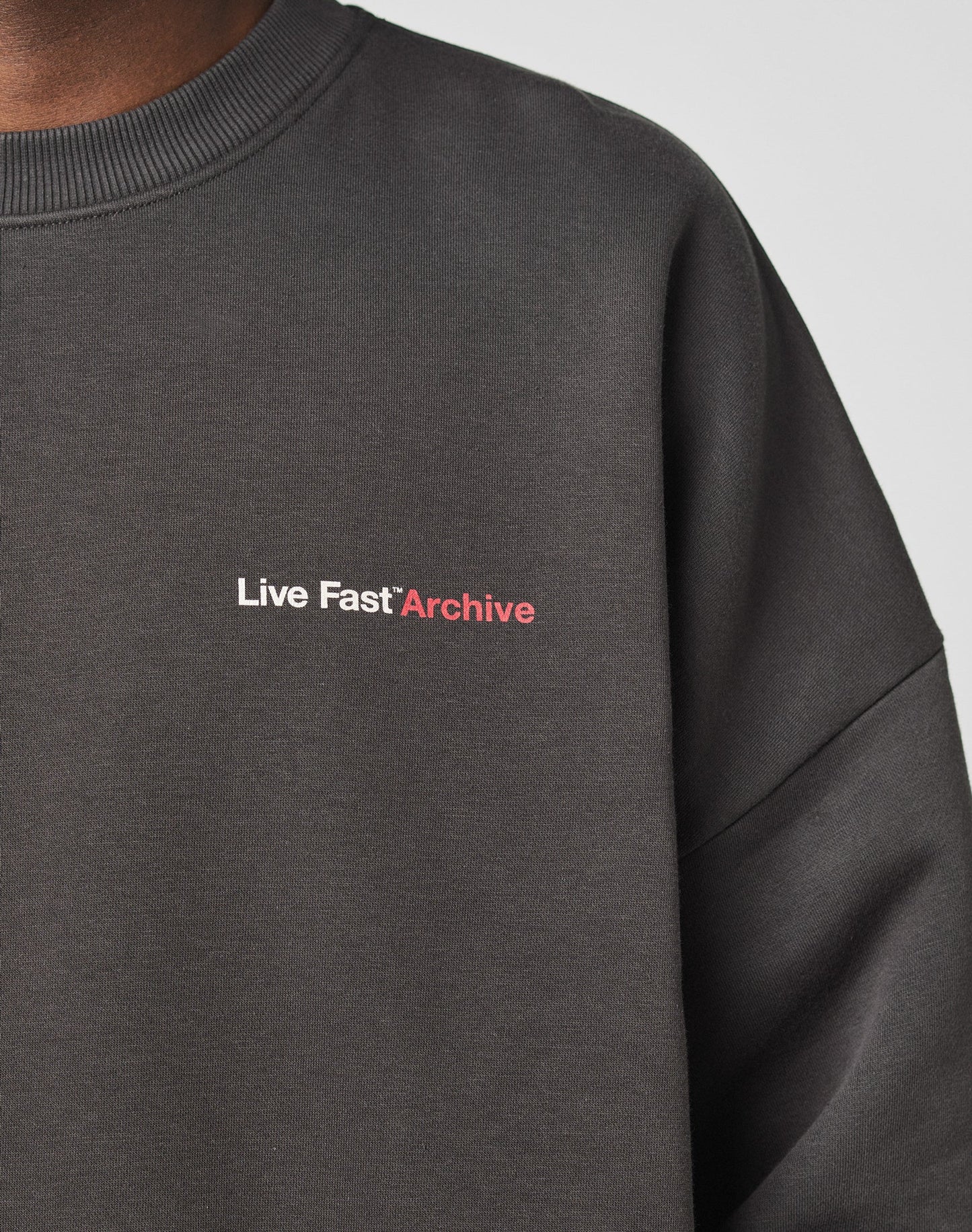A close-up shows a person wearing the LFDY F*ck Sweater by LIVE FAST DIE YOUNG. Only part of their neck and shoulder are visible, with “Live Fast Archive” printed on the chest—Archive in red, the rest in white—on a black oversize fit sweatshirt.