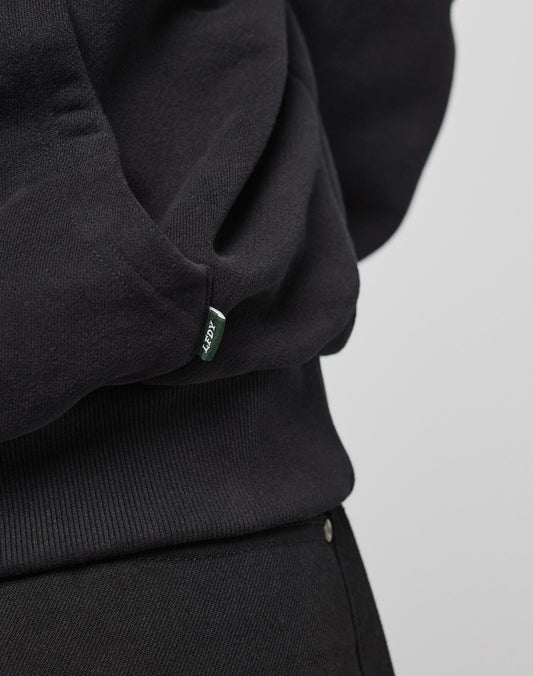 Close-up of a person wearing the LFDY Script Hooded sweatshirt and black pants by LIVE FAST DIE YOUNG. A small green fabric tag with white ADER text is visible on the waistband. The background is plain and light-colored.