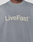 A person wears the Basic LiveFast Sweater by LIVE FAST DIE YOUNG—a gray, oversize-fit sweatshirt with "LiveFast™" in bold, pale letters on the chest and a subtle hand-finished fade effect for a lived-in look.
