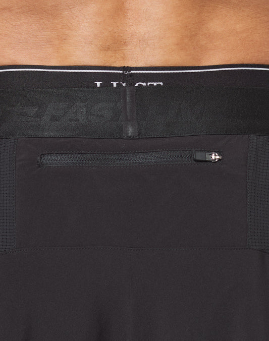 Close-up of the Elastikbund and back zippered pocket on LIVE FAST DIE YOUNG’s Live Fast Performance Shorts in Regular Fit, worn by a person with bare skin visible above the waistband.