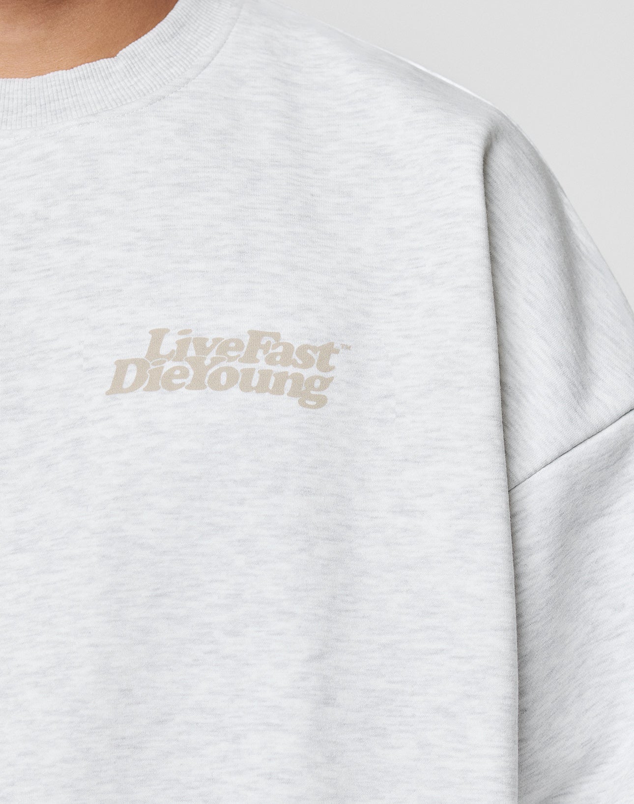 A close-up of a person wearing the Basic Melange Sweater by LIVE FAST DIE YOUNG, an oversize fit light gray sweatshirt made from soft Baumwolle and Polyester, with beige Live Fast Die Young text on the chest.