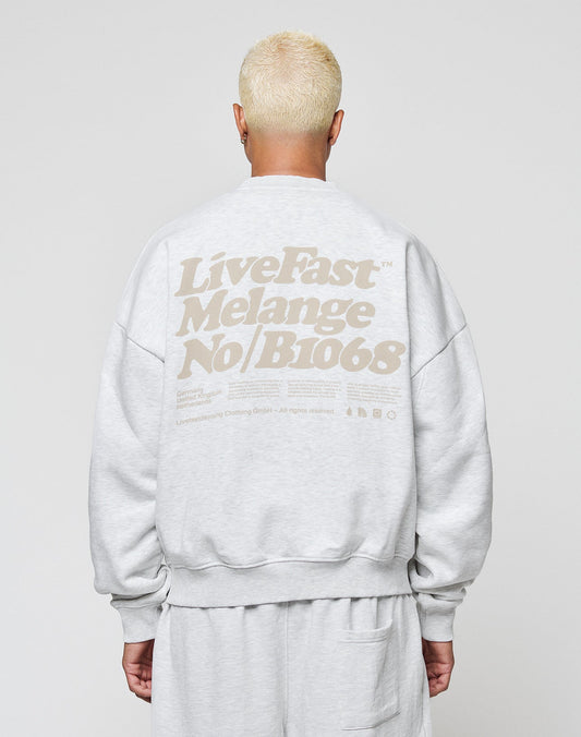 A person with short platinum blonde hair wears the LIVE FAST DIE YOUNG Basic Melange Sweater, an oversized light gray cotton sweatshirt featuring large beige Live Fast text on the back, standing against a plain light background.