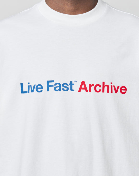 The Live Fast Archive Tee by LIVE FAST DIE YOUNG is a white oversized Baumwolle t-shirt with Live Fast™ in blue and Archive in red.