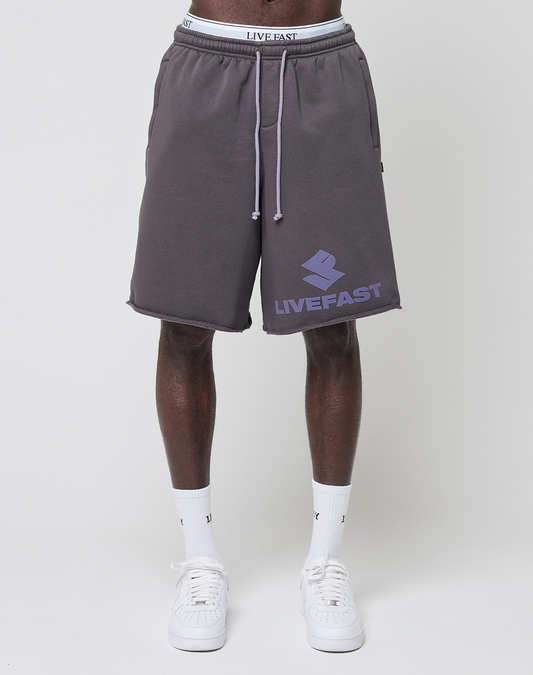 A person wears the LIVE FAST DIE YOUNG Live Fast LF Shorts in dark gray with a purple LIVEFAST logo, elastic waistband, and side pockets, paired with white socks and sneakers against a plain white background.