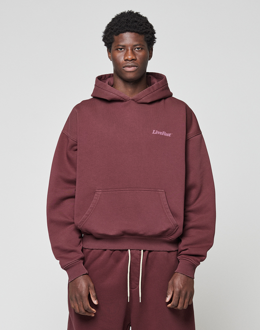A person in an oversized maroon LIVE FAST DIE YOUNG Basic 360 Hooded sweatshirt and matching sweatpants stands facing forward against a plain light gray background. The hoodie features "LifeBag" text on the left chest.