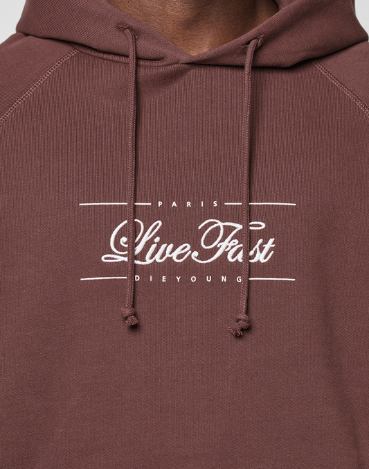 Close-up of a person wearing the LFDY Embroidery Hooded by LIVE FAST DIE YOUNG, a brown hoodie with "PARIS Live Fast DIE YOUNG" embroidery on the chest, drawstrings, Raglan sleeves, and made from soft French Terry.