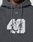 A close-up of a person wearing the LFDY 40 Hooded by LIVE FAST DIE YOUNG, a dark gray oversize-fit hoodie with LFDY above a white 40 and an illustrated snarling dog’s head, made from soft cotton-polyester blend.
