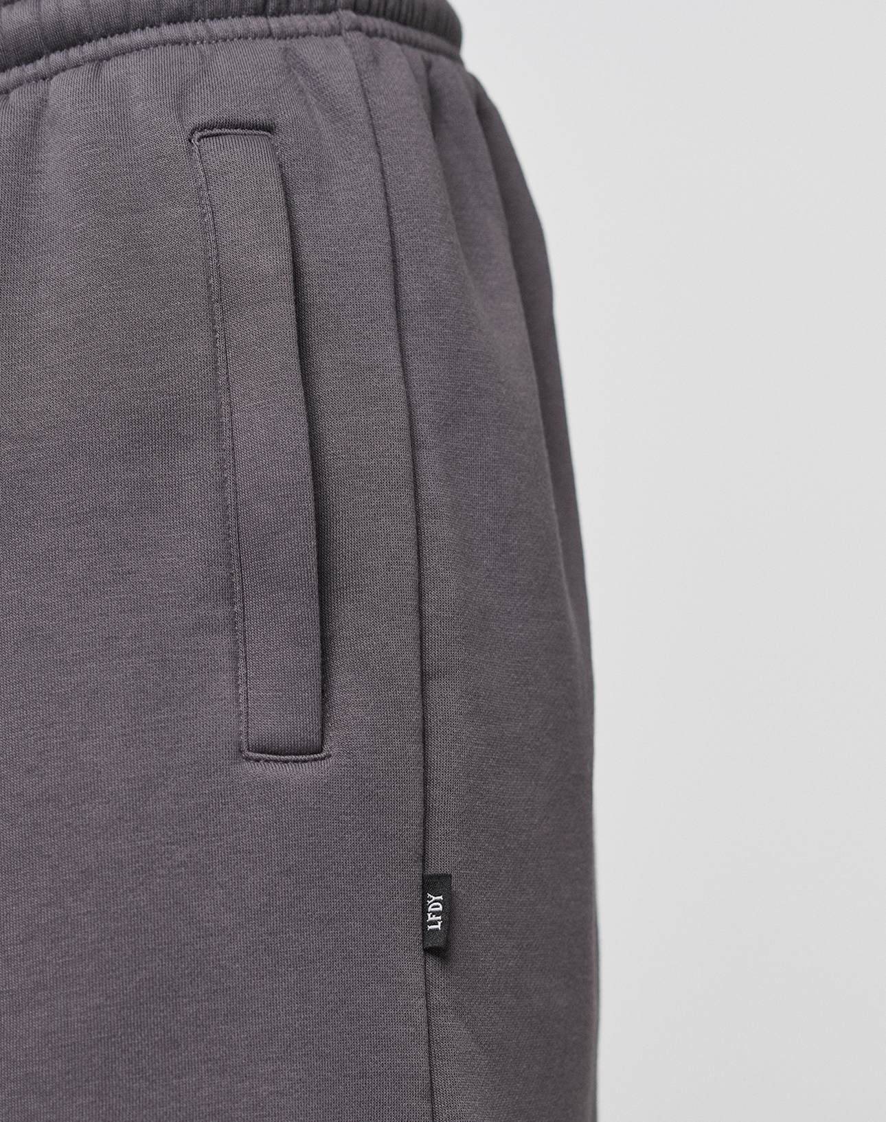 Close-up of a person wearing Live Fast LF Shorts by LIVE FAST DIE YOUNG in dark gray with side pockets, wide fit, and a small black LOUT tag near the pocket. An elastic waistband offers comfort. Background is plain and light-colored.