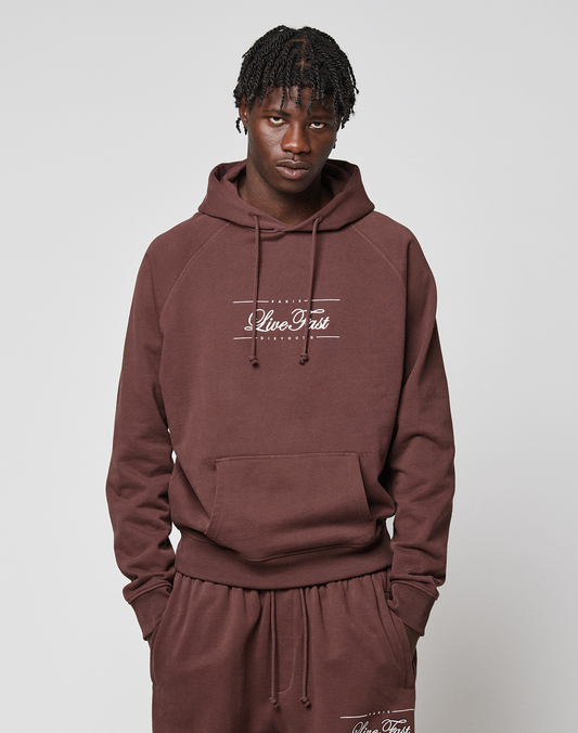 A person wears the LIVE FAST DIE YOUNG LFDY Embroidery Hooded brown french terry Regular Fit hoodie and sweatpants, featuring "Live Fast" embroidery on the chest and thigh, standing against a plain light background with a neutral expression.