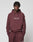 A person stands against a plain background wearing a matching maroon LFDY Embroidery Hooded set from LIVE FAST DIE YOUNG, featuring soft French Terry, front pocket, and white "Live First" text, facing forward with hands in the pockets.