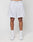 A person in LFDY Piping Mesh Shorts by LIVE FAST DIE YOUNG, featuring a white mesh design, LIVE FAST Elastikbund waistband, small logo near the hem, white crew socks, and sneakers stands against a plain background.