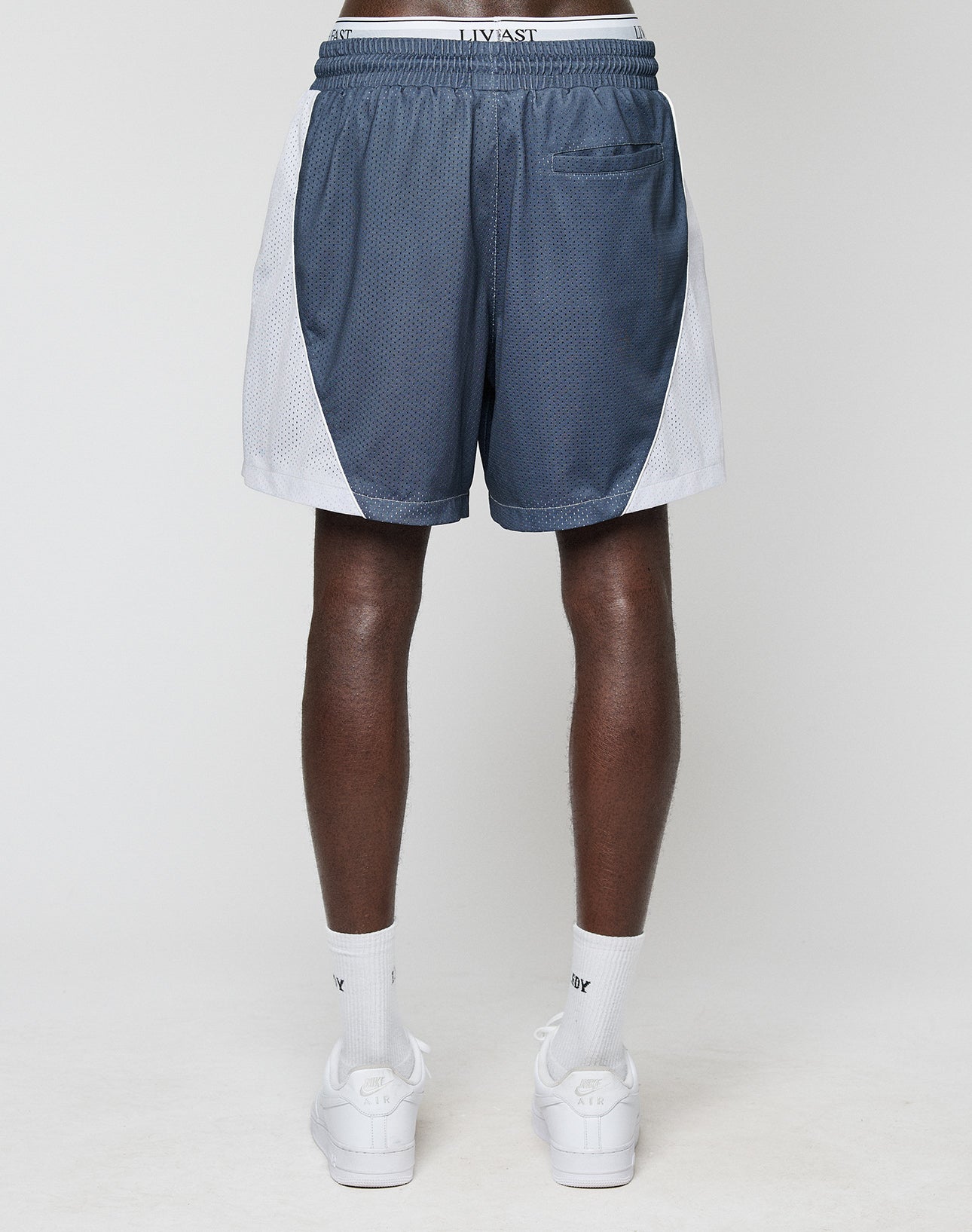 A person stands facing away, wearing LIVE FAST DIE YOUNG LFDY Piping Mesh Shorts in navy with white mesh side panels and an elastikbund, paired with white socks and sneakers against a plain light background.