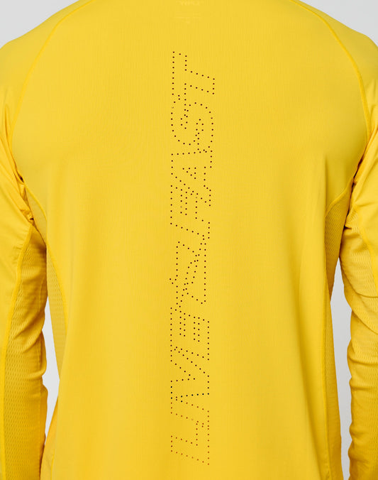A person wears the LIVE FAST DIE YOUNG Live Fast Performance Longsleeve in bright yellow, featuring slim fit, vertical “LIVERFAST” perforations on the back, and a subtle mesh insert for breathability and modern style.