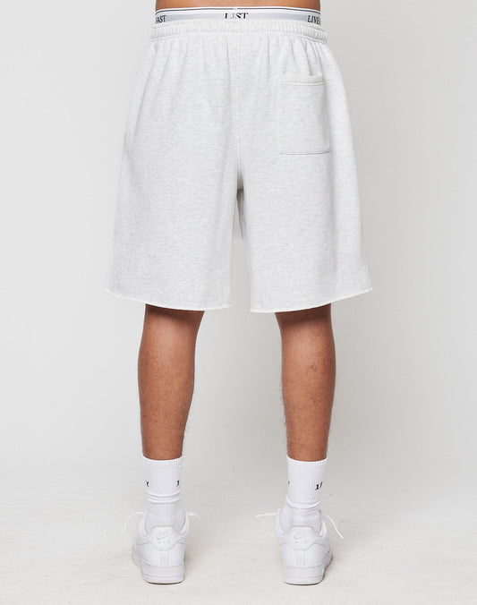 A person stands with their back to the camera, showing only legs and lower torso in LFDY Praying Shorts by LIVE FAST DIE YOUNG—light gray with elastic waistband and side pockets—paired with white crew socks and sneakers against a plain background.