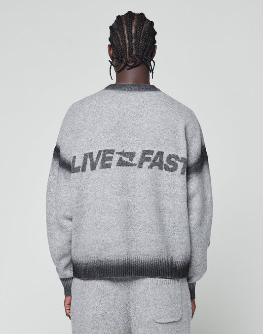 A person with braided hair, seen from behind, wears the LIVE FAST DIE YOUNG Live Fast Boucle Sweater in light gray. "LIVE FAST" and a bird graphic are on the back with a faded spray effect and dark gray stripes at shoulders and hem.
