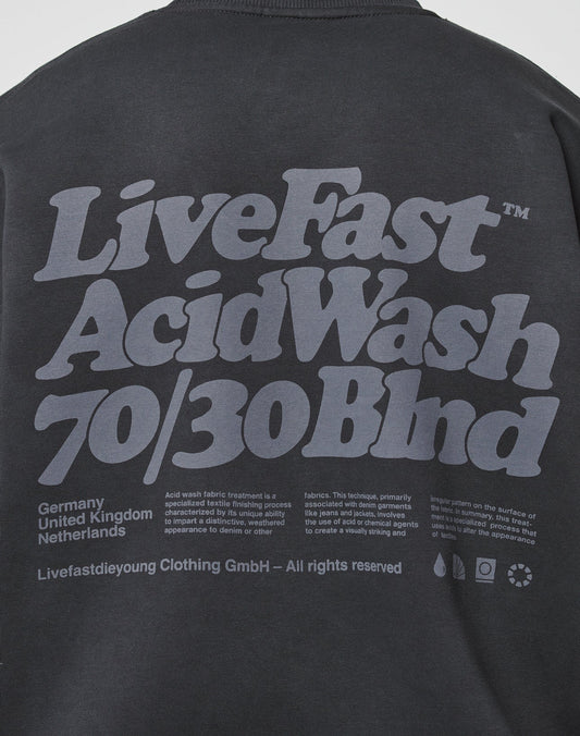 The Basic Acid Sweater by LIVE FAST DIE YOUNG is a black, oversized fit featuring large gray LiveFast text, details about Germany, UK, Netherlands, and crafted from cotton-polyester in a bold vintage wash.